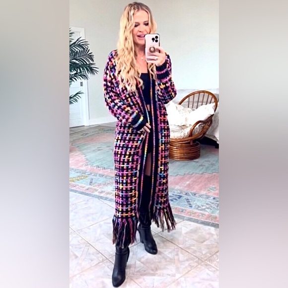 New Multicolor black long bohemian cardigan coat with fringes size s/m - Picture 5 of 15